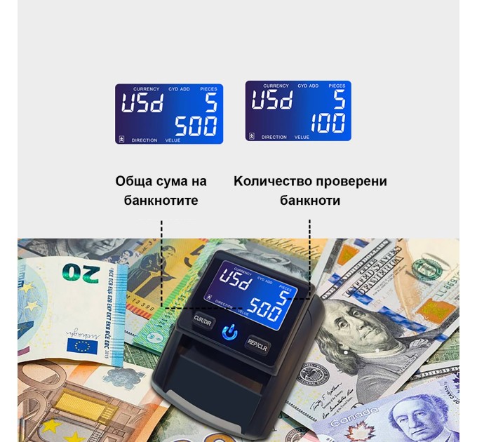 Автоматичен детектор за фалшиви EURO, USD, GBP, CHF и TRL банкноти CHUANWEI AL-130A