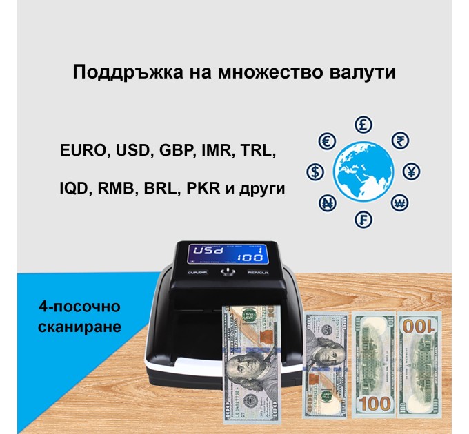 Автоматичен детектор за фалшиви EURO, USD, GBP, CHF и TRL банкноти CHUANWEI AL-130A